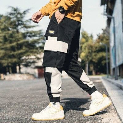 Men Hip Hop Black Cargo Pants joggers Sweatpants Multi-pocket Ribbons