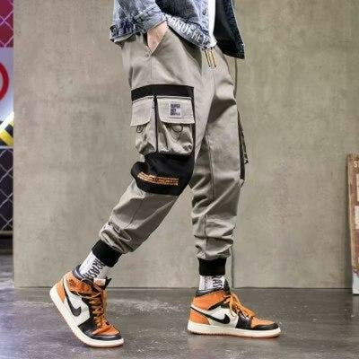 Men Hip Hop Black Cargo Pants joggers Sweatpants Multi-pocket Ribbons
