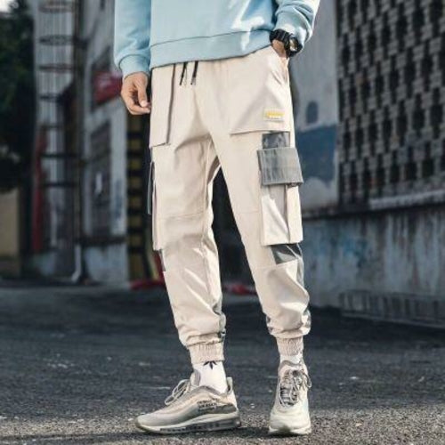 Men Hip Hop Black Cargo Pants joggers Sweatpants Multi-pocket Ribbons