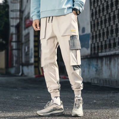 Men Hip Hop Black Cargo Pants joggers Sweatpants Multi-pocket Ribbons