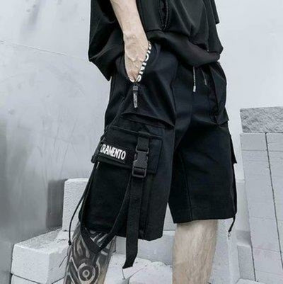 Men Hip Hop Black Cargo Pants joggers Sweatpants Multi-pocket Ribbons