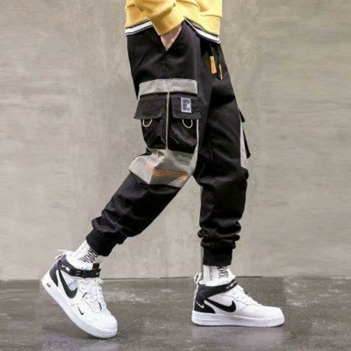 Men Hip Hop Black Cargo Pants joggers Sweatpants Multi-pocket Ribbons