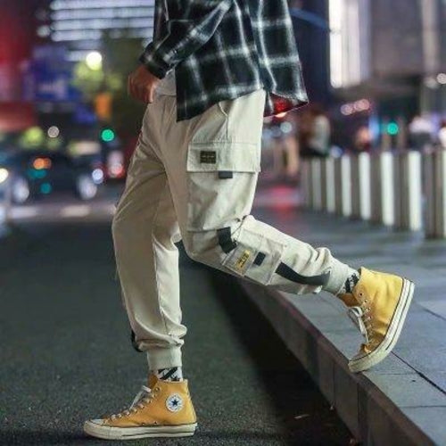 Men Hip Hop Black Cargo Pants joggers Sweatpants Multi-pocket Ribbons