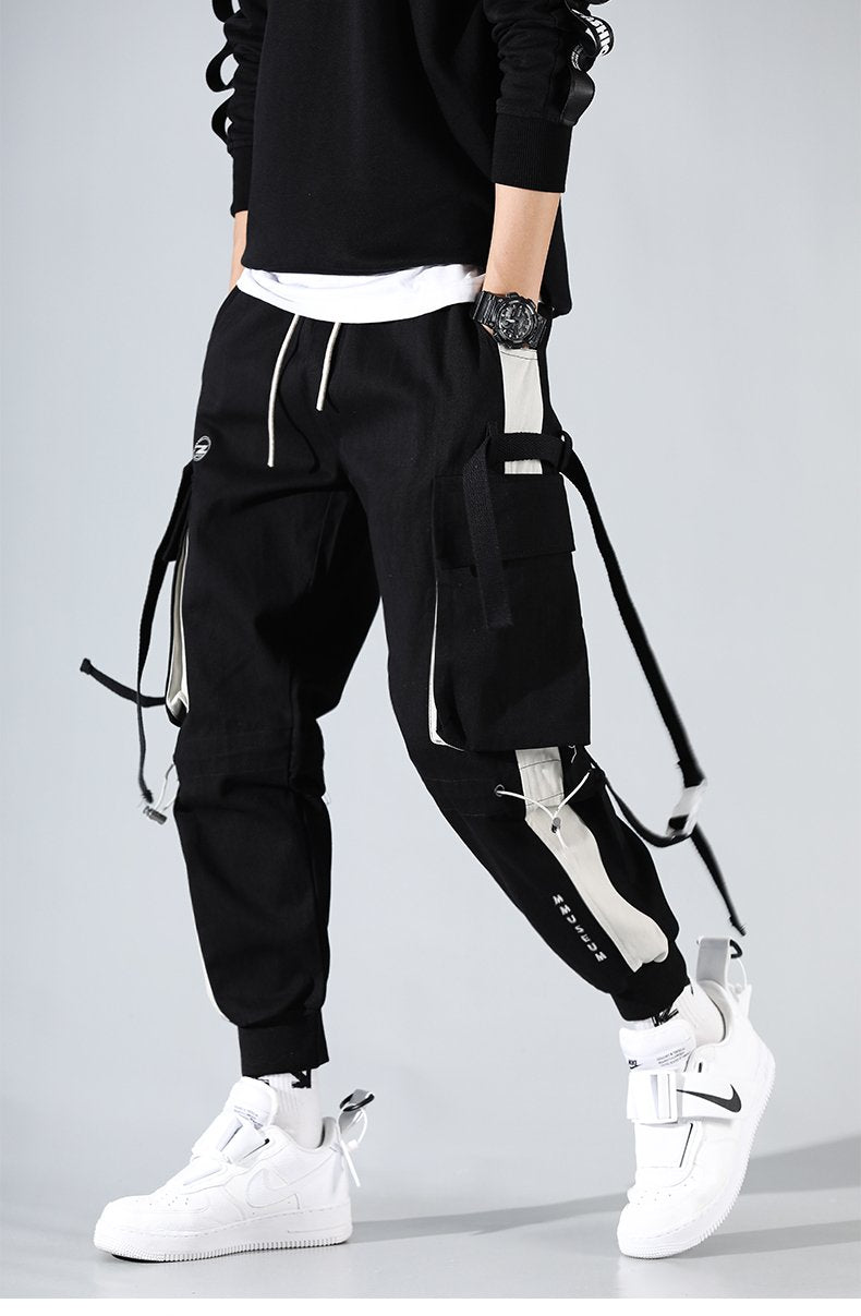 Men Hip Hop Black Cargo Pants joggers Sweatpants Multi-pocket Ribbons