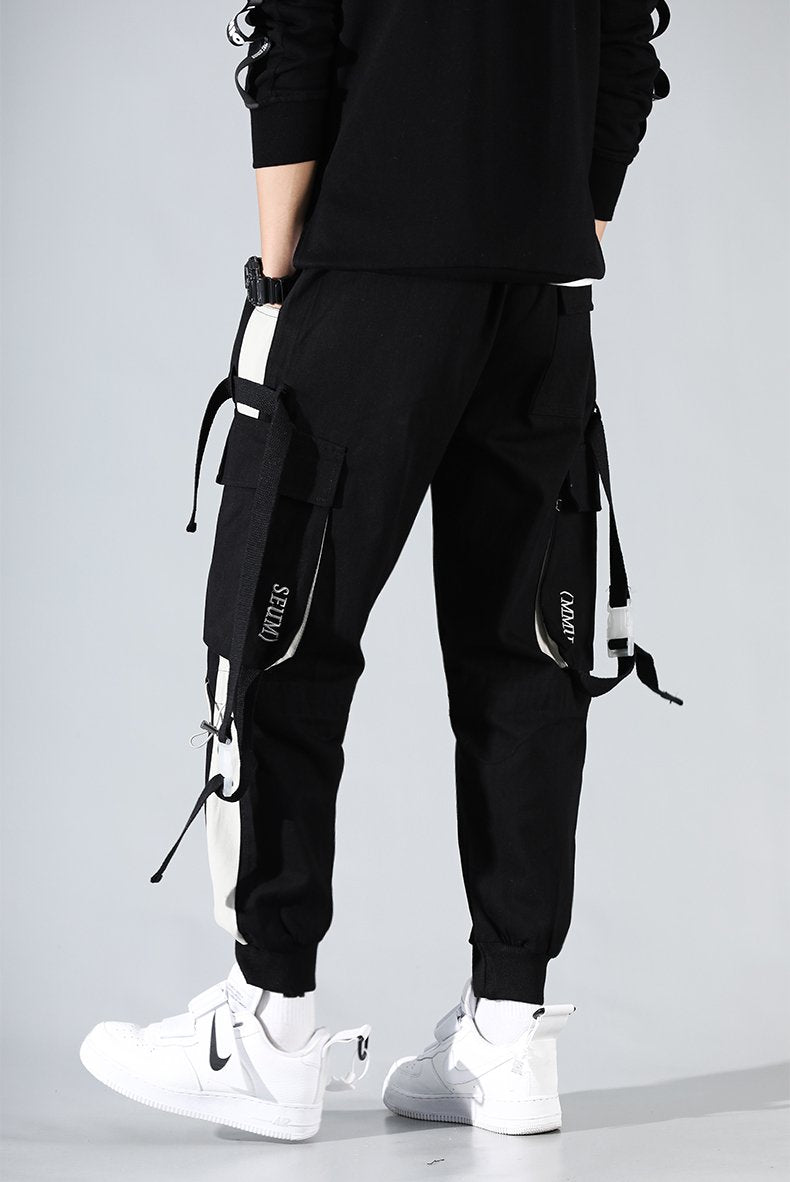 Men Hip Hop Black Cargo Pants joggers Sweatpants Multi-pocket Ribbons